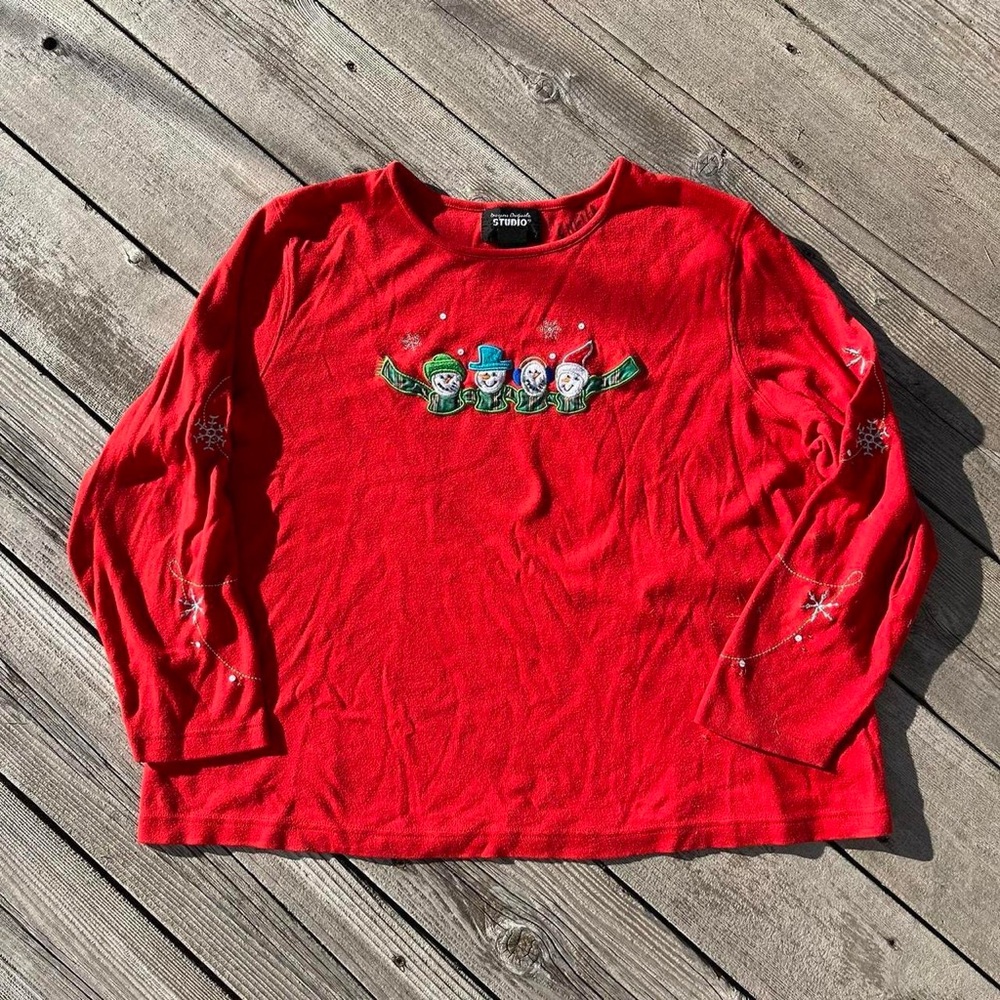 Studio Joy red snowmen embroidered holiday t-shirt